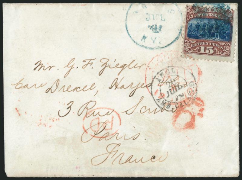 15c Brown & Blue, Ty. II (119).> Deep rich colors, tied by <blue> Paris Ky. Jul. 4 (1870) circular datestamp and duplex cork cancel on <Phantom Rate cover to Paris, France,> indistinct red New York Paid All Br.
Transit backstamp and matching 6