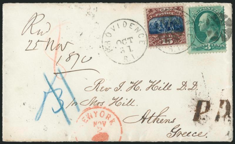 15c Brown & Blue, Ty. II (119).> Gorgeous centering with wide and balanced margins all around, deep rich colors and proof-like impressions, used with <3c Green (147),> tied by circle of wedges cancels and
<Providence R.I. Oct. 31 circular datestamp