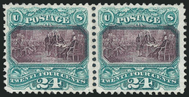 24c Green & Violet (120).> Horizontal pair, original gum, very lightly hinged, deep rich colors and proof-like impressions, both stamps with choice centering<><>^VERY FINE-EXTREMELY FINE. A RARE ORIGINAL-GUM
PAIR OF THE 24-CENT 1869 PICTORIAL ISSUE