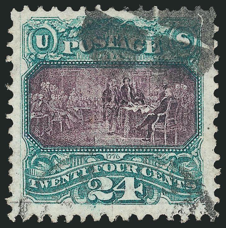 24c Green & Violet (120).> Unusually choice centering with Jumbo margins, light strike of circular datestamp at bottom and with quartered cork cancel at top, vignette clearly visible<><>^EXTREMELY FINE GEM. A
SUPERB USED EXAMPLE OF THE 24-CENT 1869