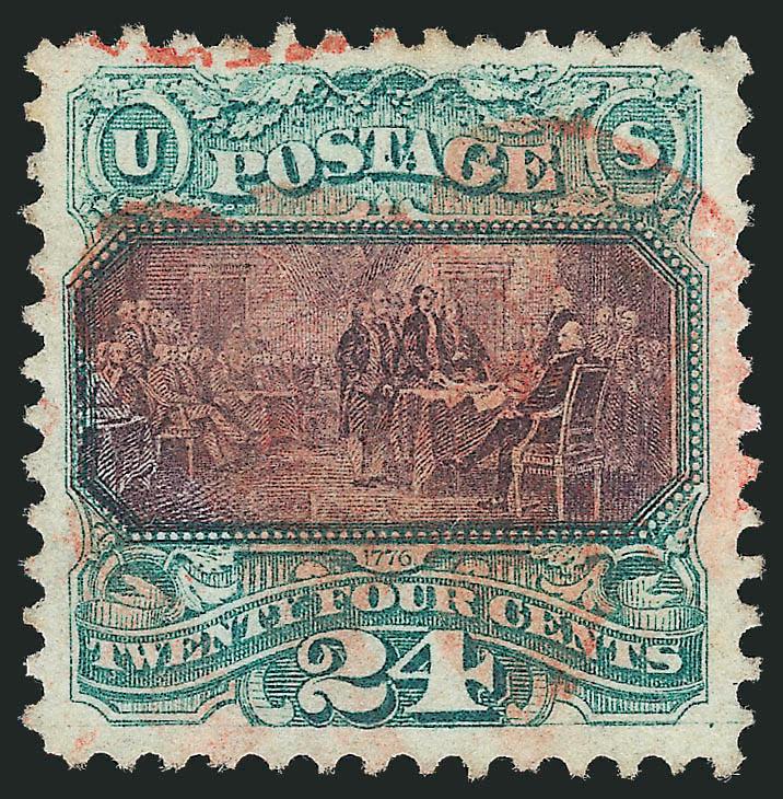 24c Green & Violet (120).> Choice centering with well-balanced margins, cancelled by <red Leaf> used on New York Supplementary Mail<><>^EXTREMELY FINE. A RARE EXAMPLE OF THE 24-CENT 1869 PICTORIAL ISSUE
CANCELLED SOLELY BY THE RED LEAF OF NEW YORK
