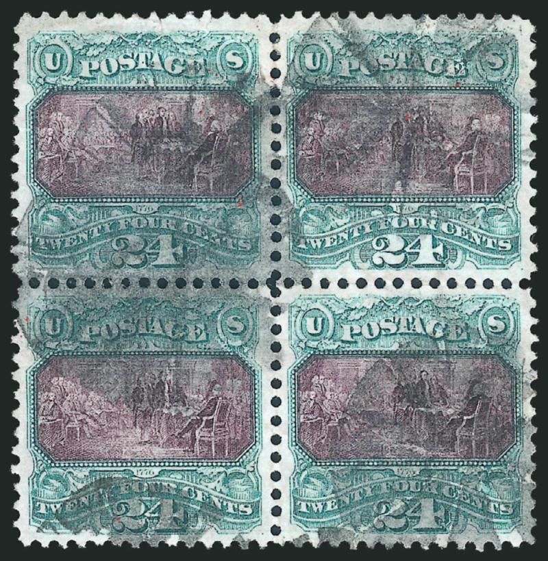 24c Green & Violet (120).> Block of four, deep rich colors on bright paper, circle of wedges cancel, top left stamp with two small tears at top, other three stamps sound, choice centering
throughout<><>^EXTREMELY FINE. ARGUABLY THE FINEST AND MOST