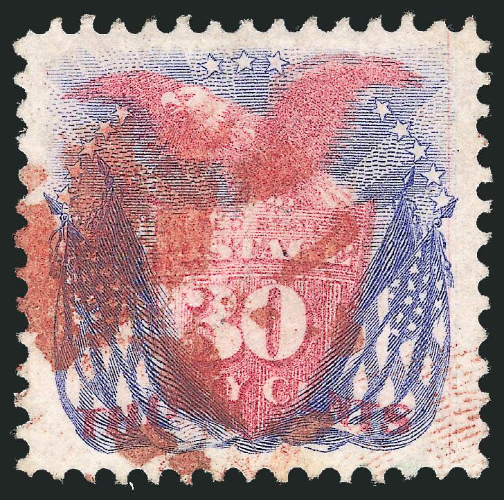 30c Ultramarine & Carmine (121).> Choice centering with wide and balanced margins, radiant colors nicely complemented by <red Leaf> cancel used on New York Supplementary Mail, with matching red fingerprint at
lower right (belonging to the postal cler