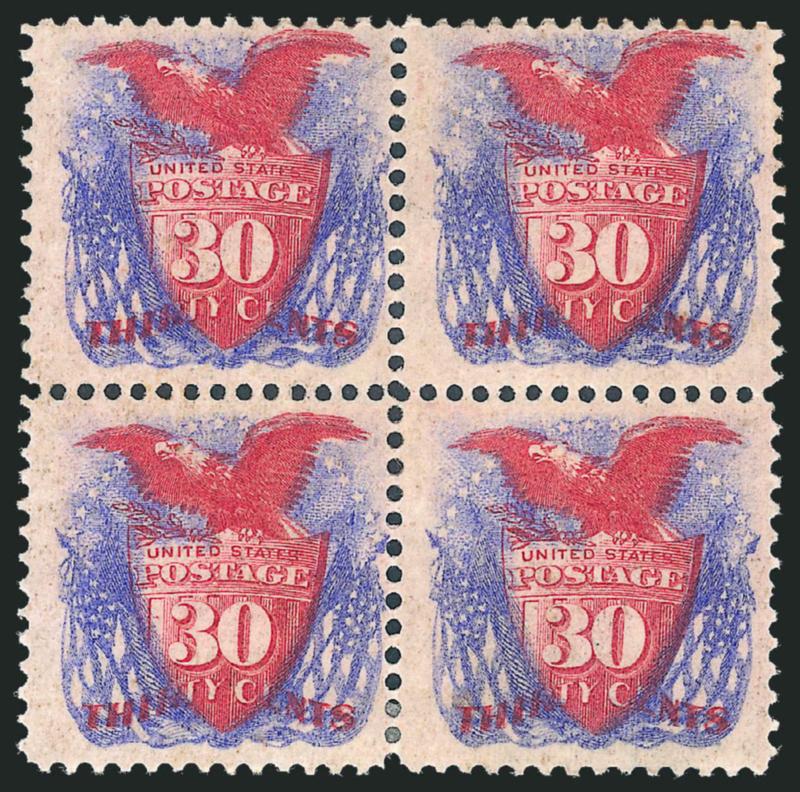 30c Ultramarine & Carmine, Double Paper, Without Grill (121 var).> Block of four, original gum, deep rich colors<><>^FINE-VERY FINE. A RARE ORIGINAL-GUM BLOCK OF FOUR OF THE 30-CENT 1869 PICTORIAL ISSUE WITHOUT
GRILL ON DOUBLE PAPER.^<><>The 30c