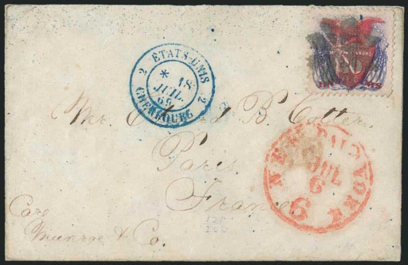 30c Ultramarine & Carmine (121).> Unusually choice centering, rich colors, tied by neat strike of rosette cancel, red New York Paid 6 Jul. 6 credit datestamp on rebacked cover front only <to Paris, France,>
blue 1869 Cherbourg transit<><>^EXTREME