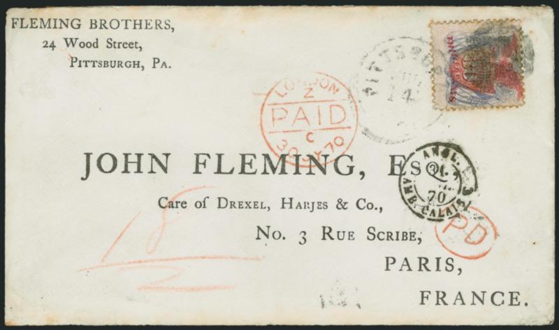 30c Ultramarine & Carmine (121).> Bright colors, minor perf toning, tied by circular cork cancel and Pittsburgh Pa. Jul. 14 (1870) duplex datestamp on <Phantom Rate cover with printed address to Paris, France,>
red crayon 182 credit applied at N