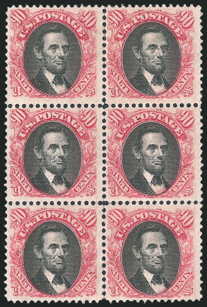 90c Carmine & Black (122).> Vertical block of six, original gum, clearly-defined grills, rich colors and detailed impressions, long and full perforations all around<><>^EXTREMELY FINE. THIS IS BY FAR THE FINER
OF THE TWO RECORDED ORIGINAL-GUM BLOCK