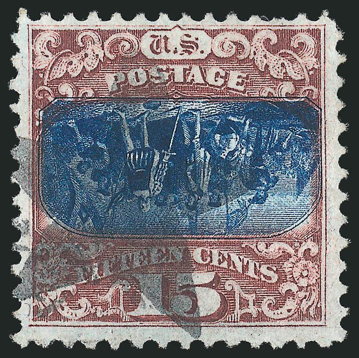 15c Brown & Blue, Ty. II, Center Inverted (119b).> Deep rich colors and proof-like impressions on crisp paper, perfs well clear of design all around, neat strike of <New York City Large 5-Point Star fancy
cancel> leaves entire design clearly visible<