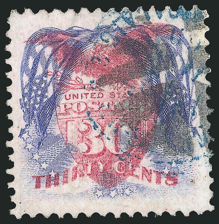 30c Ultramarine & Carmine, Center Inverted (121b).> Choice centering, radiant colors, crisp impression, neat circle of Vs cancel and also <blue French Calais circular datestamp,> small margin repair at upper
right which is barely noticeable<><>^EX