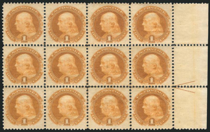 1c Buff (112).> Block of twelve with <selvage and guide arrow at right,> original gum, lightly hinged, deep rich color, few minor perf separations, some slight toning at right<><>^VERY FINE. ORIGINAL-GUM BLOCKS
OF THE ONE-CENT 1869 PICTORIAL ISSUE
