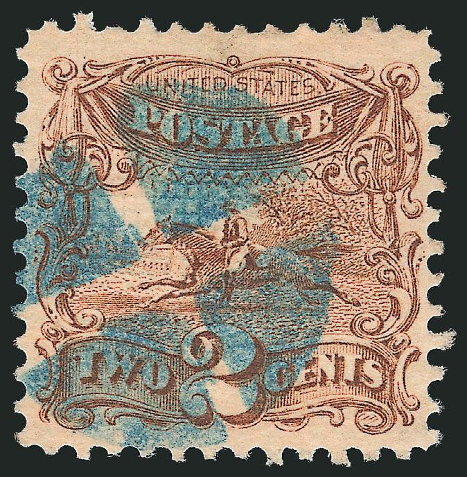 2c Brown (113).> Bright shade nicely complemented by <blue quartered cork> cancel, wide margins, Very Fine and choice, blue cancels on the 2c Brown are unusual, with 1987 P.F. certificate