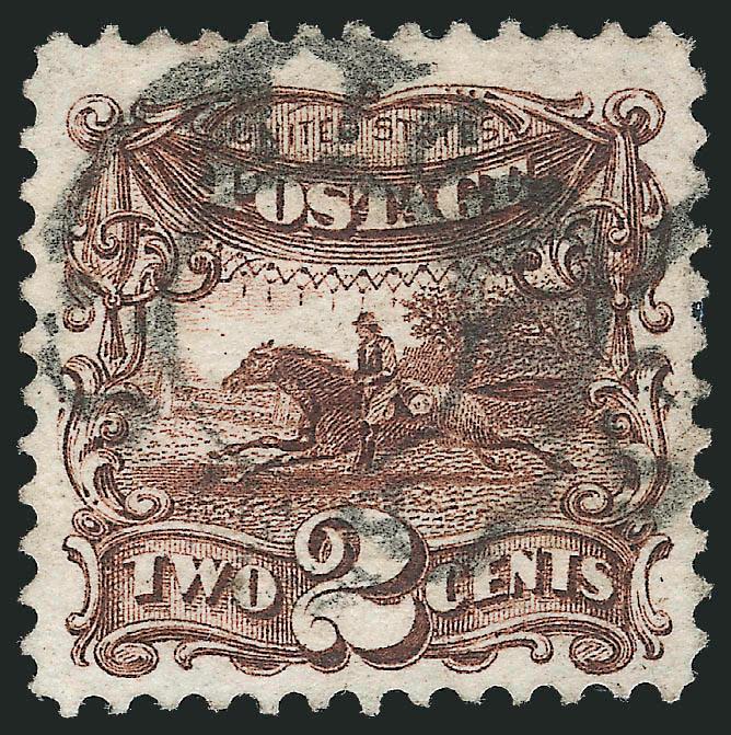 2c Brown (113).> Deep rich color, cancelled by iogo, Japan> double-circle handstamp, Extremely Fine example of this cancel which is scarce on the 2c 1869 Pictorial Issue, the U.S. Post Office opened in Hiogo in
1868, one year after those in Yokoh