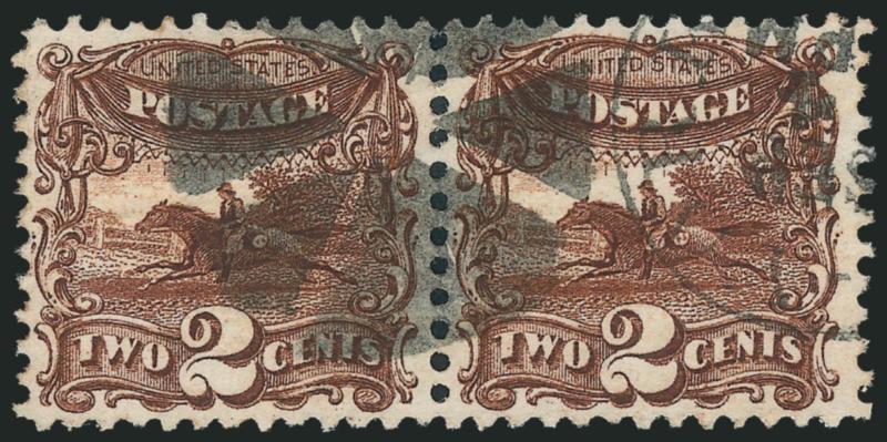 2c Brown (113).> Horizontal pair, intense shade and impression on bright paper (slightly toned on back, not noted on certificate), choice centering, bold strike of circle of wedges and part of Sep. 4 circular
datestamp, fresh and Extremely Fine, a be