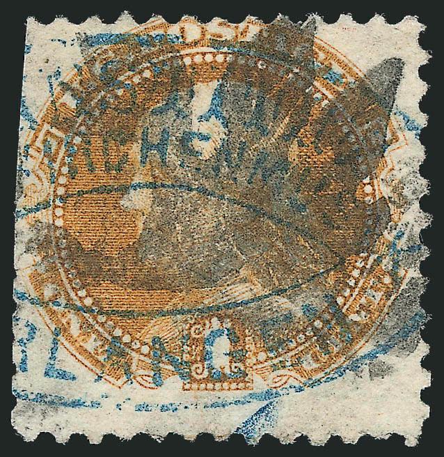 1c Buff (112).> S.e. at left, stamp defective, cancelled by <Running Chicken fancy cancel of Waterbury Conn.,> also marked by blue German handstamp from Institute of Kirchenmusik in Erlangen<><>^VERY FINE STRIKE
OF THE RARE AND DESIRABLE RUNNING CH