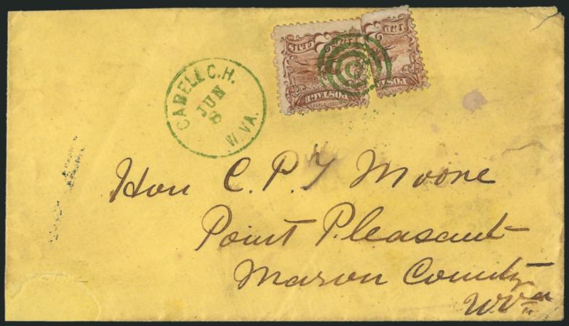 2c Brown, Vertical Half Used as 1c (113c).> Left vertical half used with full stamp, both tied together by bright <green> target with matching Cabell C.H. W. Va. Jun. 8 circular datestamp on yellow cover to
Point Pleasant W. Va., small repair at bo