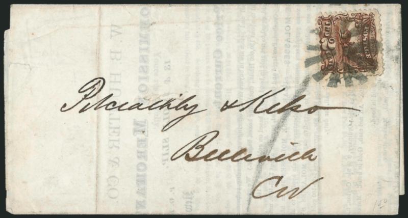 2c Brown (113).> Deep rich color and sharp proof-like impression, tied by well-struck circle of Vs handstamp on June 2, 1869 folded circular and prices current from New York <to Belleville, Canada West,> crayon
1 due marking, light file folds do n