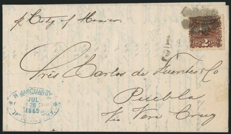 2c Brown (113).> Deep shade, tied by rosette cancel on printed prices current <to Pueblo, Mexico,> senders blue Jul. 28, 1869 oval datestamp and ship designation <<p City of Mexico,>> -12 reale due handstamp,
fresh and Very Fine, attractive exa