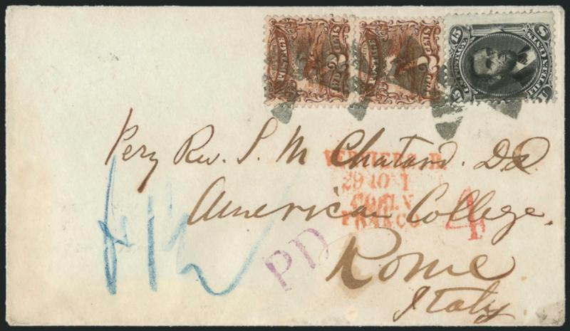 2c Brown (113).> Two, used with <15c Black, F Grill (98)> and tied by circle of wedges on 1869 cover <to Rome, Italy,> red New York Paid All Br. Transit Oct. 18 and receiving backstamps, purple PD handstamp, red
Verviers B. Coeln Franco and 4