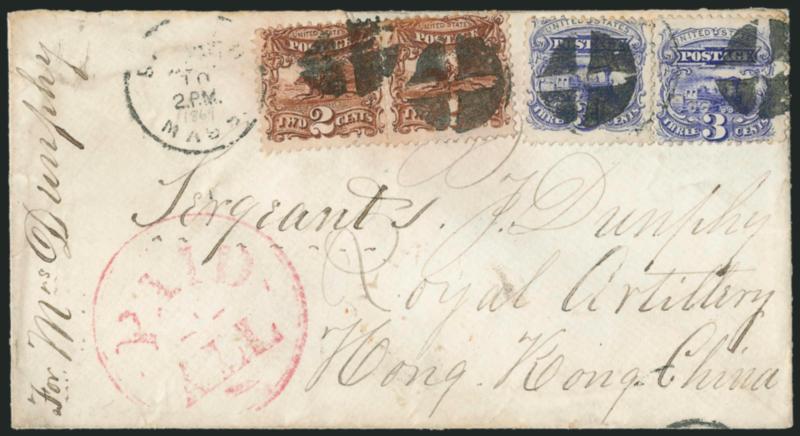2c Brown (113).> Two singles, rich color, used with <two 3c Ultramarine (114),> cancelled or tied by quartered corks and Boston Mass. Aug. 10 2 P.M. circular datestamp on 1869 cover <to Hong Kong, China> and
addressed to a member of the Royal Artil