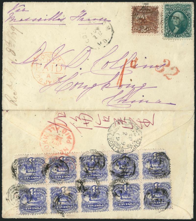 2c Brown (113).> Rich color, used with <block of ten of 3c Ultramarine (114)> and <10c Yellow Green, F. Grill (96),> tied by target cancels, Collington Md. Jul. 13 circular datestamp on cover <to Hong Kong,
China> 3c block also tied by red New Yor