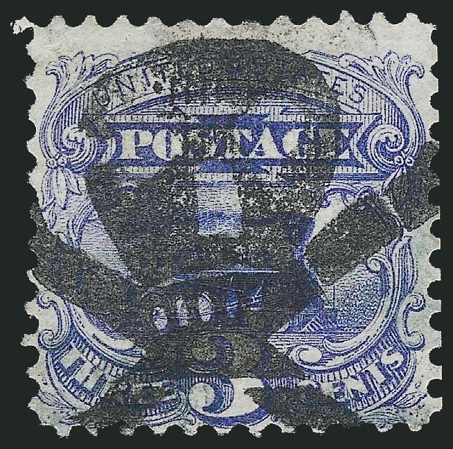3c Ultramarine (114).> Bright color, cancelled by bold strike of <Skull & Crossbones fancy cancel of Waterbury Conn.> (Rohloff R-3), stamp reperfed at right and with small thin spot, still an Extremely Fine
strike of this amazing fancy cancel, the Sk