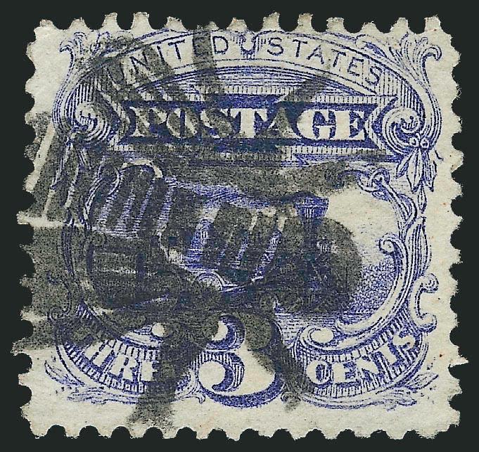 3c Ultramarine (114).> Brilliant color, cancelled by perfect strike of <Small Bee fancy cancel of Waterbury Conn.> (Rohloff A-14) which shows almost the entire design, small corner crease at top left, Extremely
Fine strike of this beautiful fancy can