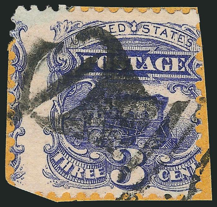 3c Ultramarine (114).> Rich color, centered to right, tied on small piece by well-struck <Mortar & Pestle fancy cancel of Waterbury Conn.> (Rohloff O-6), few perfs trimmed at lower left when cut off of cover,
Very Fine strike of this extremely rare f