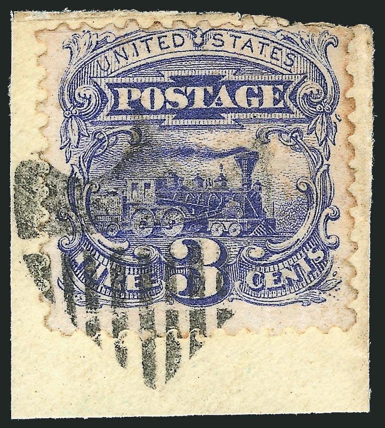 3c Ultramarine (114).> Rich color, tied on small piece by <Shield fancy cancel of Waterbury Conn.> (Rohloff Q-5), faint toning along right perfs from gum, single short perf at top right not mentioned on
accompanying certificate, Very Fine strike of t