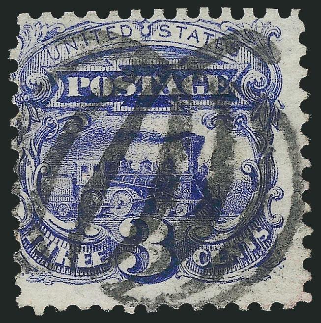 3c Ultramarine (114).> Rich color, cancelled by perfect strike of <Pumpkin fancy cancel of Waterbury Conn.> (Rohloff G-2), barely noticeable pulled perf at top left, reperfed at top, still an Extremely Fine
strike of this scarce Waterbury fancy cance