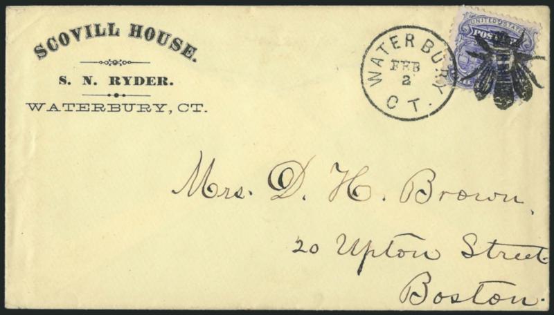 3c Ultramarine (114).> Rich color, single nibbed perf, tied by perfect strike of <Small Bee fancy cancel of Waterbury Conn.> (Rohloff A-14) and by equally perfect strike of Waterbury Ct. Feb. 2 (1870) circular
datestamp on light yellow cover with <
