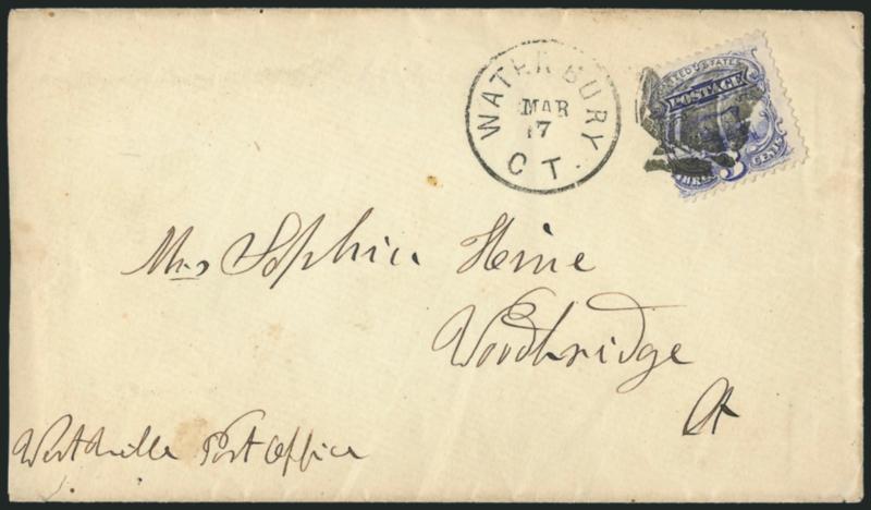 3c Ultramarine (114).> Bright color, tied by perfect strike of <Old Woman in Bonnet fancy cancel of Waterbury Conn.> (Rohloff E-10), matching Waterbury Ct. Mar. 7 (1870) circular datestamp on cover to Woodbridge
Conn., barely reduced at left, trivi