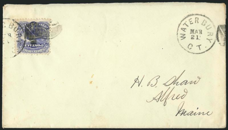 3c Ultramarine (114).> Rich color, tied by perfect strike of uttonless Shoe fancy cancel of Waterbury Conn.> (Rohloff O-12) and by Waterbury Ct. Mar. 21 (1870) circular datestamp on cover to H. B. Shaw of Alfred
Me., second strike of circular dat