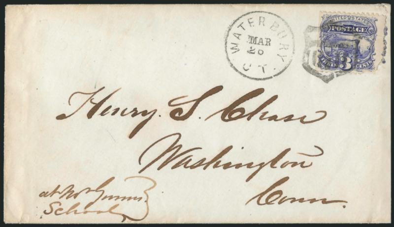 3c Ultramarine (114).> Bright color, s.e. at left, stamp with torn corner at lower right, tied by neat strike of <Large Shield fancy cancel of Waterbury Conn.> (Rohloff Q-9), Waterbury Ct. Mar. 26 (1870)
circular datestamp on cover to Washington Co