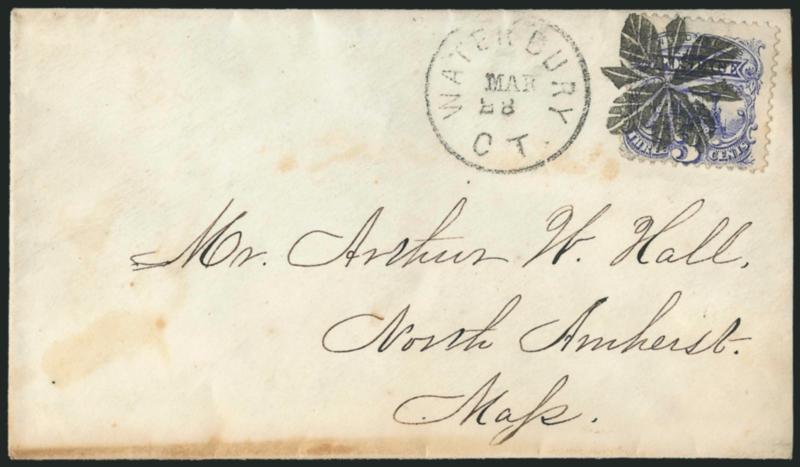 3c Ultramarine (114).> Bright color, tied by perfect strike of olly Sprig fancy cancel of Waterbury Conn.> (Rohloff L-4), neat Waterbury Ct. Mar. 28 (1870) circular datestamp on cover to North Amherst Mass.,
barely reduced at right, some minor to