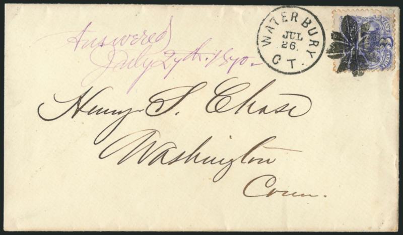 3c Ultramarine (114).> Bright color, tied by bold strike of olly Sprig fancy cancel of Waterbury Conn.> (Rohloff L-4), bold Waterbury Ct. Jul. 26 circular datestamp to Washington Conn., barely reduced at left,
purple 1870 docketing, stamp with sm