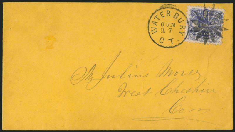 3c Ultramarine (114).> Rich color and proof-like impression, tied by perfect strike of <12-segment Rosette fancy cancel of Waterbury Conn.> (Rohloff P-30) and Waterbury Ct. Jun. 17 (1870) circular datestamp on
buff cover to West Chester Conn., Extr