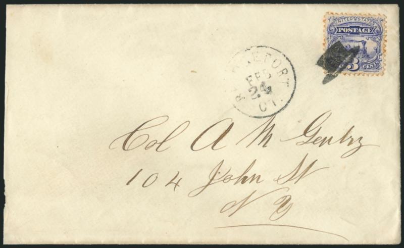 3c Ultramarine (114).> Deep rich color and sharp proof-like impression, tied by perfect strike of at fancy cancel,> light strike of Bridgeport Ct. Feb. 24 circular datestamp on cover to New York, slightly
reduced at left and few lightly toned per