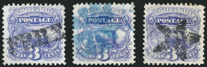 3c Ultramarine (114).> Three, nice range of cancels incl. one with <FREE> handstamp, one with <blue> circle of Vs, last with <Star fancy cancel,> first with tiny corner crease at top right, Very Fine and
desirable group
