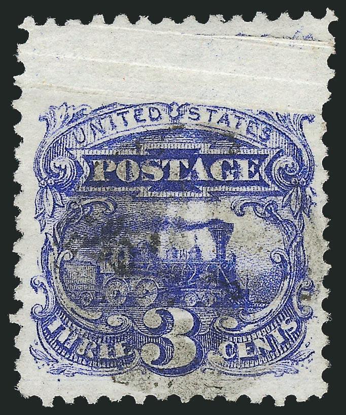 3c Ultramarine (114).> Deep rich color, Jumbo margin at top caused by <pre-printing paperfold> which has been opened up, unobtrusive strike of cork cancel, Extremely Fine, a very unusual stamp, with 2003 P.F.
certificate