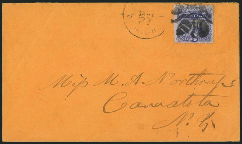 3c Ultramarine (114).> Deep rich color on dark paper approaching the gray paper variety, tied by well-struck <Large Bee fancy cancel,> light strike of Adrian Mich. May 27 circular datestamp on orange cover to
Canastota N.Y., slightly reduced at lef