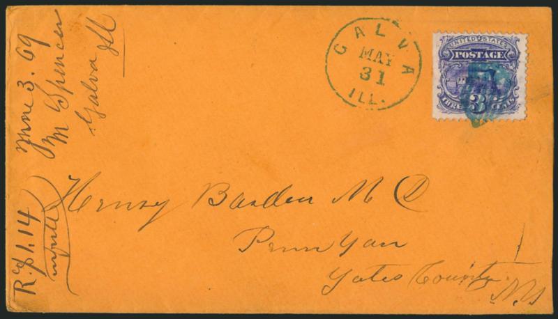 3c Ultramarine (114).> Deep rich color and proof-like impression, natural s.e. at left, tied by well-struck <blue Small Shield fancy cancel,> matching Galva Ill. May 31 circular datestamp on orange cover to Penn
Yan N.Y., 1869 docketing at left, Ve