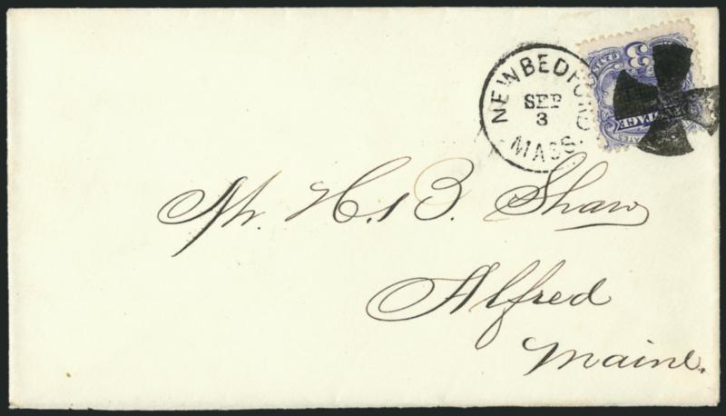 3c Ultramarine (114).> Intense shade and impression, tied by bold strike of <Maltese Cross fancy cancel> and New Bedford Mass. Sep. 3 circular datestamp on cover to Alfred Me., Extremely Fine strike