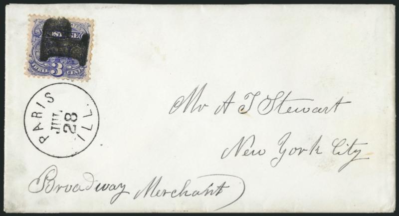 3c Ultramarine (114).> Deep rich color and sharp proof-like impression, canceled by bold strike of <P fancy cancel,> clear strike of Paris Ill. Jul. 28 circular datestamp on cover to New York, Extremely Fine
strike of this fancy cancel, with 2002