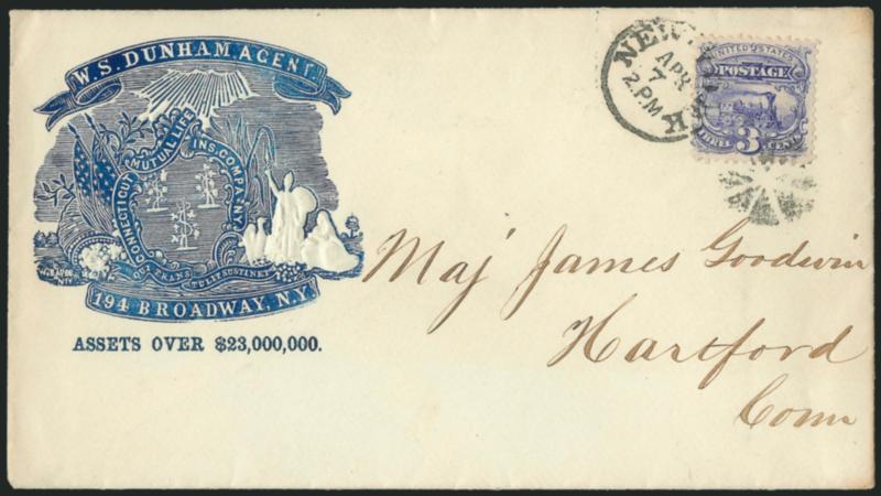 3c Ultramarine (114).> Bright color, tied by New-York Apr. 7 2 P.M. circular datestamp and circle of wedges cancel on <Connecticut Mutual Life Insurance Co. blue embossed illustrated corner card> cover to
Hartford Conn., fresh and Extremely Fine, a