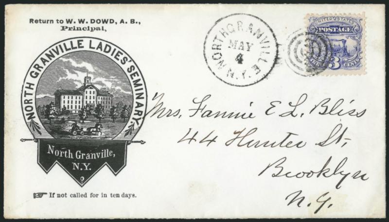 3c Ultramarine (114).> Detailed impression, tied by target, North Granville N.Y. May 4 circular datestamp on <North Granville Ladies Seminary illustrated corner card> cover to Brooklyn N.Y., fresh and Extremely
Fine, a beautiful cover, with 2004 P