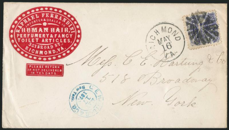 3c Ultramarine (114).> Tied by <Circle of Hearts> fancy cancel, Richmond Va. May 16 circular datestamp on cover with <human hair and perfumery importers red embossed corner card> to New York, 1870 company
receiving datestamp, Very Fine, a pretty c