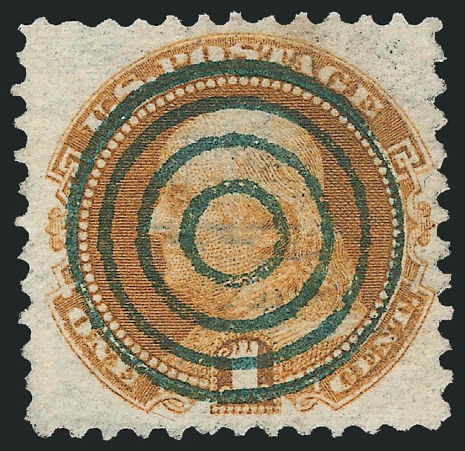 1c Buff (112).> Rich color nicely complemented by perfect strike of <dark green target> cancel, Very Fine and choice, a stamp of great visual appeal, ex Saadi, with 1987 and 1991 P.F. certificates