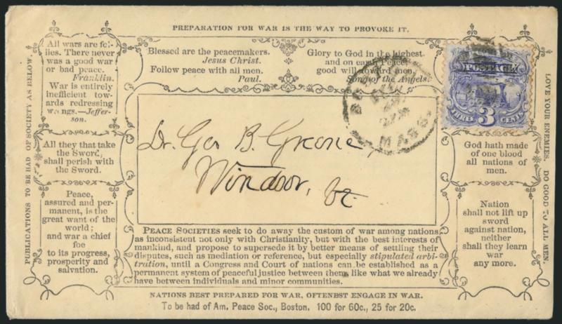 3c Ultramarine (114).> Tied by segmented cork cancel, Boston Mass. Dec. ? circular datestamp on cover to Windsor Vt., with <American Peace Society propaganda design,> verse incl. Preparation for war is the way
to provoke it and other sentiments,