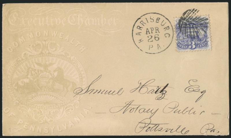 3c Ultramarine (114).> Bright color, tied by unusual geometric cancel, Harrisburg Pa. Apr. 26 circular datestamp on all-over <Executive Chamber, Commonwealth of Pennsylvania illustrated> cover to Pottsville Pa.,
stamp heavily creased and torn prior
