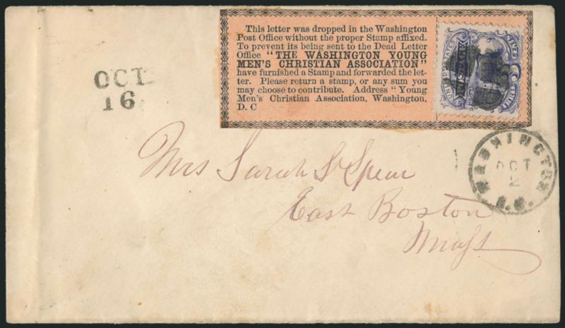 3c Ultramarine (114).> Cancelled by quartered cork on <Washington D.C. Young Mens Christian Association Good Samaritan label,> tied by neat Washington D.C. Oct. 2 circular datestamp on cover to East Boston
Mass., Oct. 16 handstamp at left indi
